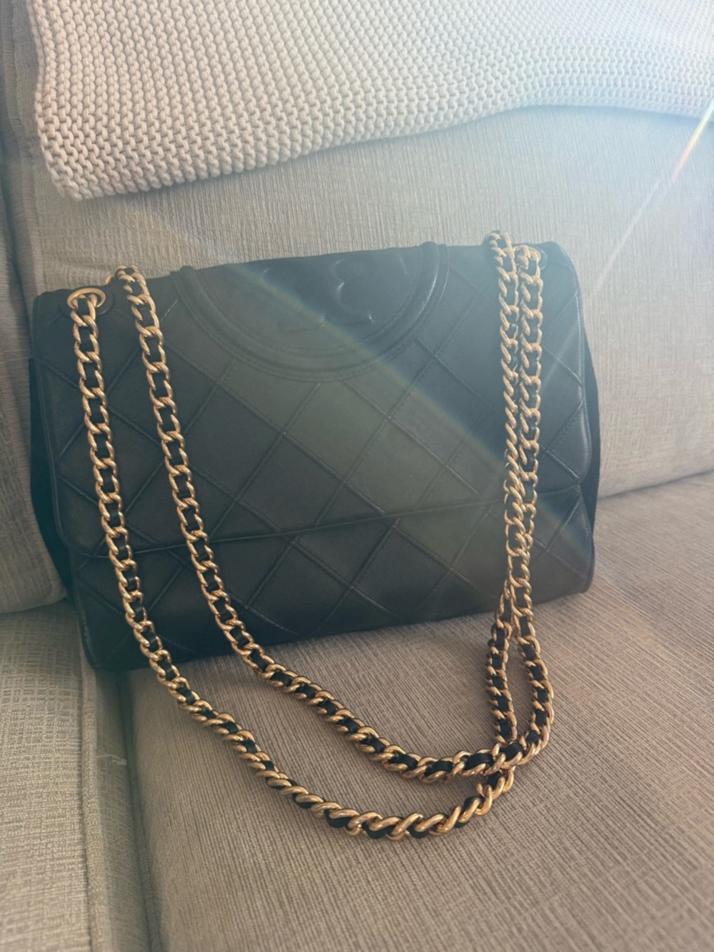 Tory Burch Black Quilted Shoulder Bag with Gold Chain